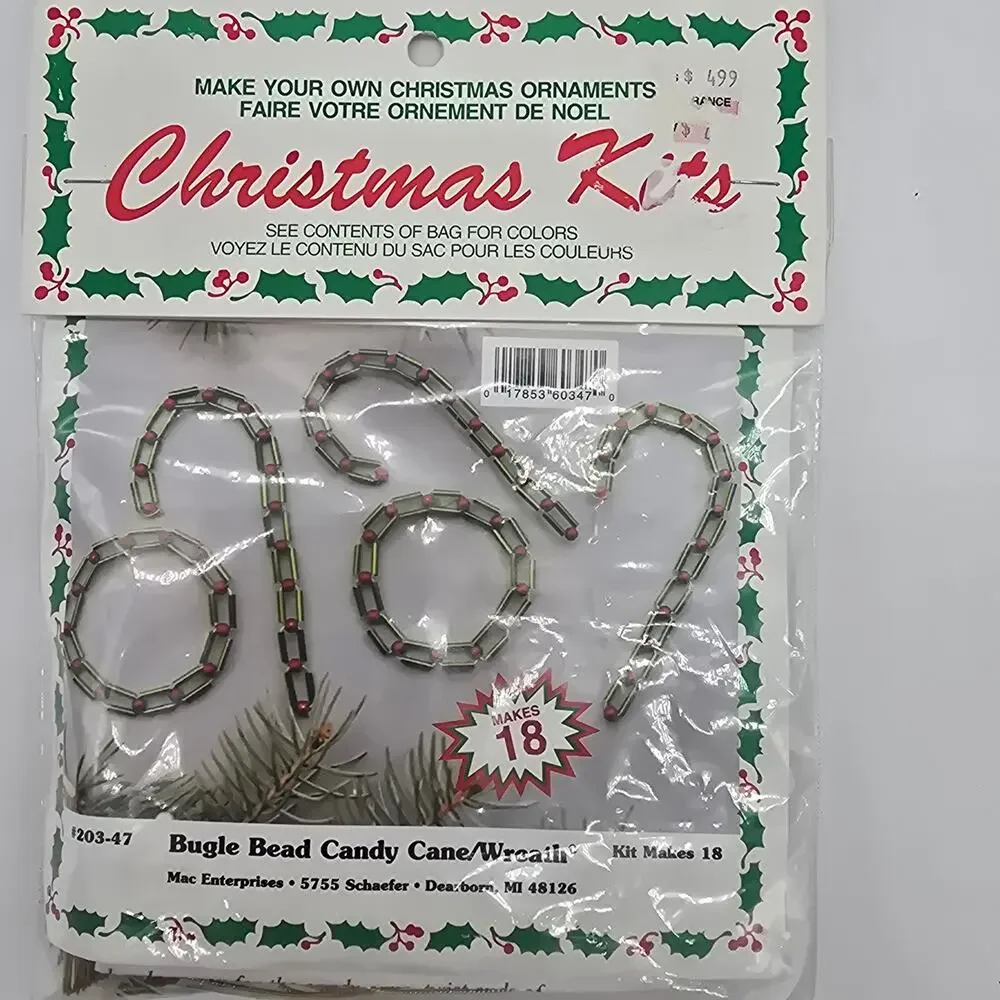 VTG Merri Mac Christmas Craft Kit #203-47 Bugle Bead Candy Canes & Wreaths